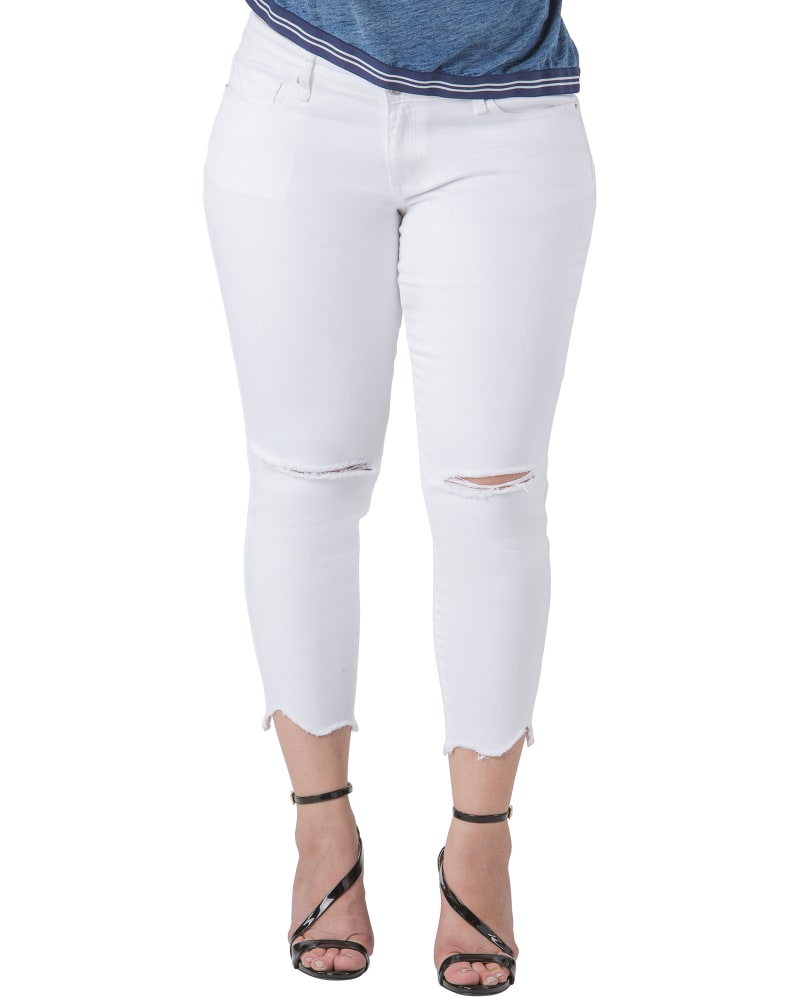 Front of a model wearing a size 12 Aurora Raw Hem Distressed Jean in 2849SHARKBIT by Standards & Practices. | dia_product_style_image_id:276058
